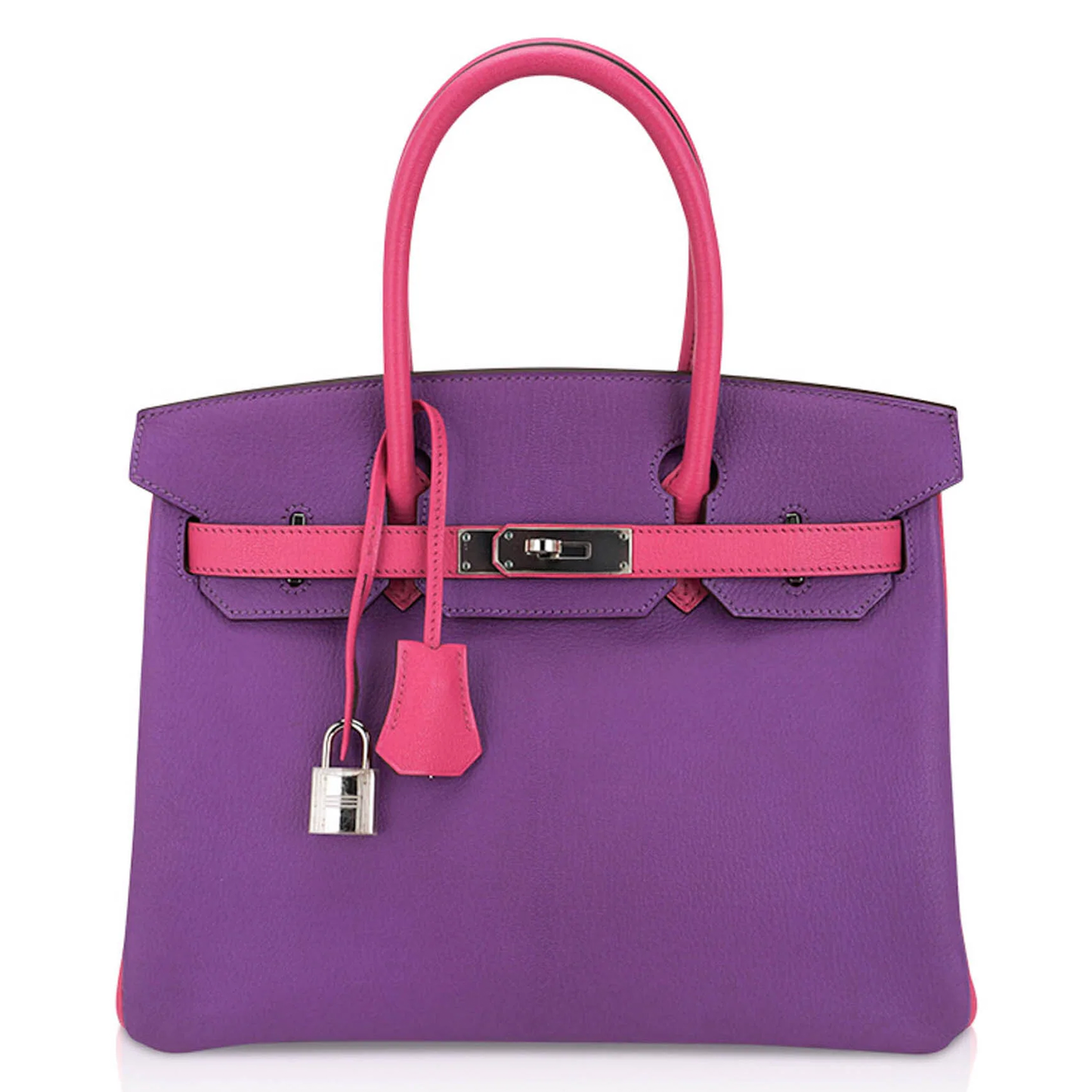 Two-Tone Violet Hot Pink Contrast Medium Trapezoid Hand Tote With Custom Matching Trim And Sleek Cool Silvery Twist Lock Hardware
