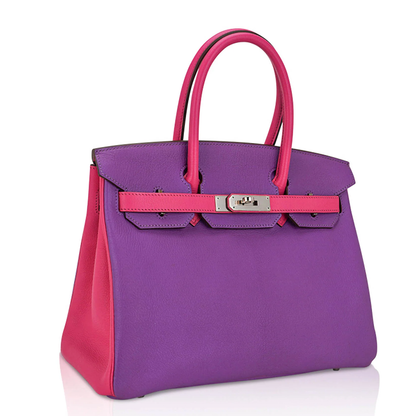 Two-Tone Violet Hot Pink Contrast Medium Trapezoid Hand Tote With Custom Matching Trim And Sleek Cool Silvery Twist Lock Hardware
