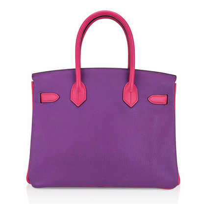 Two-Tone Violet Hot Pink Contrast Medium Trapezoid Hand Tote With Custom Matching Trim And Sleek Cool Silvery Twist Lock Hardware