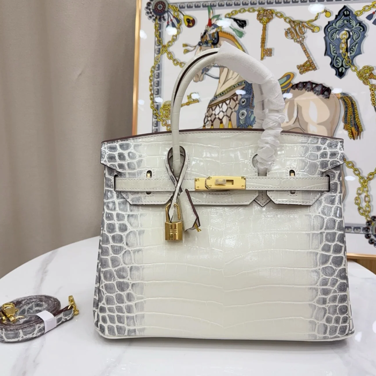 Gradient Ivory Grey Scaled Embossed Structured Trapezoid Hand Tote With Warm Golden Twist Lock Hardware And Matching Detachable Shoulder Strap