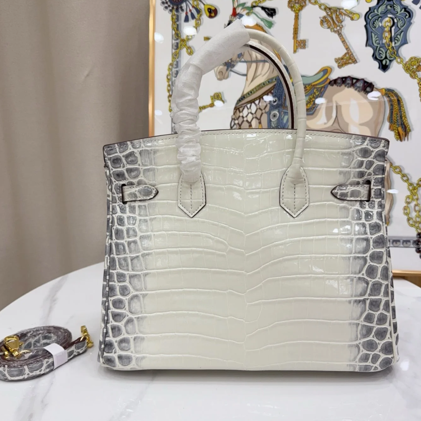 Gradient Ivory Grey Scaled Embossed Structured Trapezoid Hand Tote With Warm Golden Twist Lock Hardware And Matching Detachable Shoulder Strap