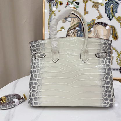 Gradient Ivory Grey Scaled Embossed Structured Trapezoid Hand Tote With Warm Golden Twist Lock Hardware And Matching Detachable Shoulder Strap