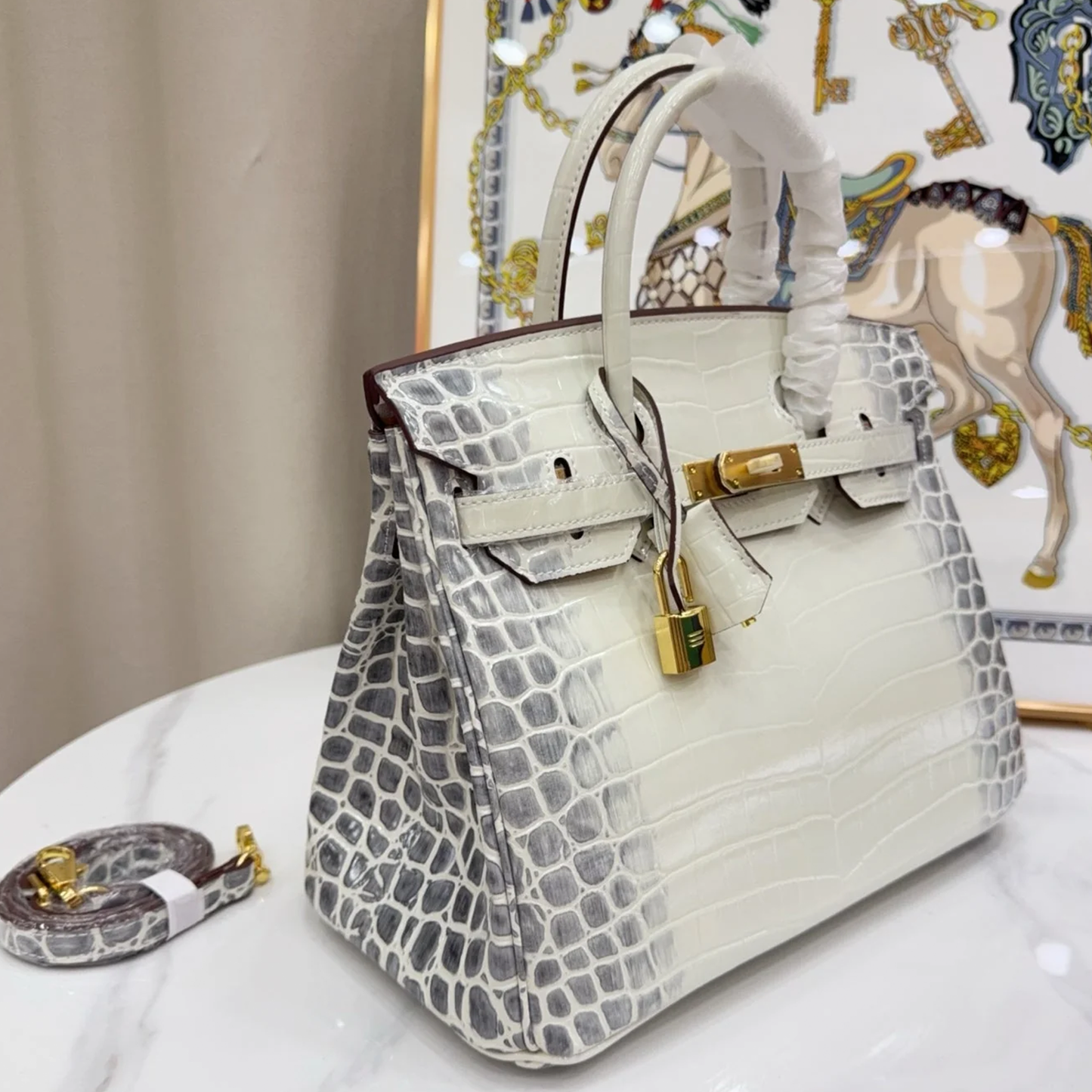 Gradient Ivory Grey Scaled Embossed Structured Trapezoid Hand Tote With Warm Golden Twist Lock Hardware And Matching Detachable Shoulder Strap
