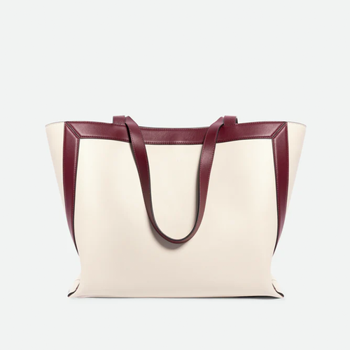Cream Off-White Burgundy Contrast Geometric Wide Trapezoid Everyday Tote With Central Metal Hook Closure And Roomy Lined Interior