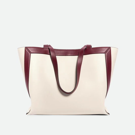 Cream Off-White Burgundy Contrast Geometric Wide Trapezoid Everyday Tote With Central Metal Hook Closure And Roomy Lined Interior
