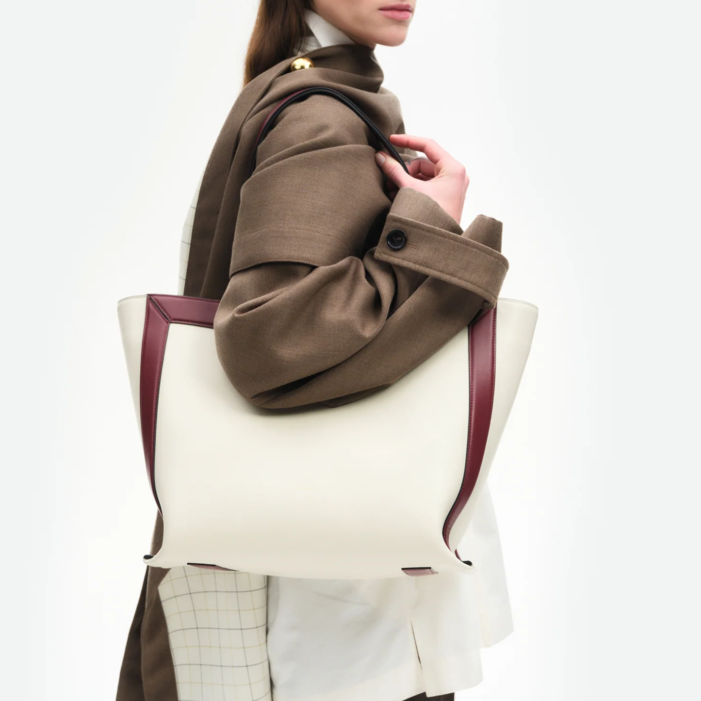Cream Off-White Burgundy Contrast Geometric Wide Trapezoid Everyday Tote With Central Metal Hook Closure And Roomy Lined Interior
