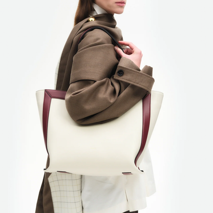 Cream Off-White Burgundy Contrast Geometric Wide Trapezoid Everyday Tote With Central Metal Hook Closure And Roomy Lined Interior