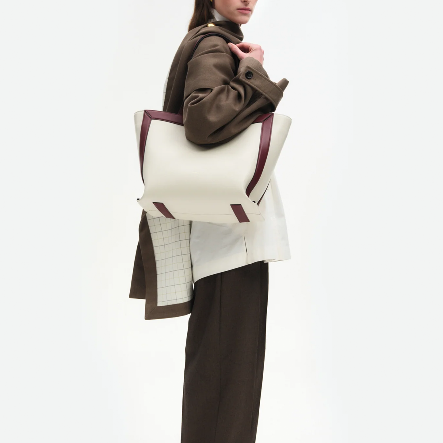 Cream Off-White Burgundy Contrast Geometric Wide Trapezoid Everyday Tote With Central Metal Hook Closure And Roomy Lined Interior