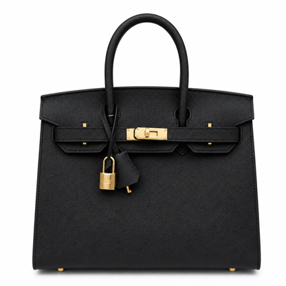 Sleek Solid Black Fine Grain Sharp Seam Structured Trapezoid Tote With Warm Golden Twist Lock Hardware And Detachable Matching Shoulder Strap