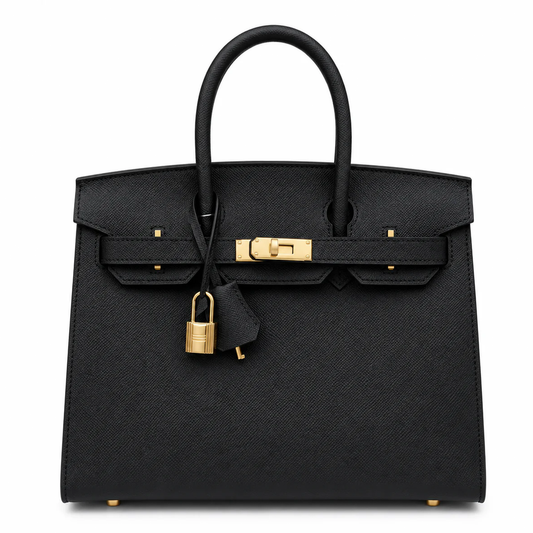 Sleek Solid Black Fine Grain Sharp Seam Structured Trapezoid Tote With Warm Golden Twist Lock Hardware And Detachable Matching Shoulder Strap