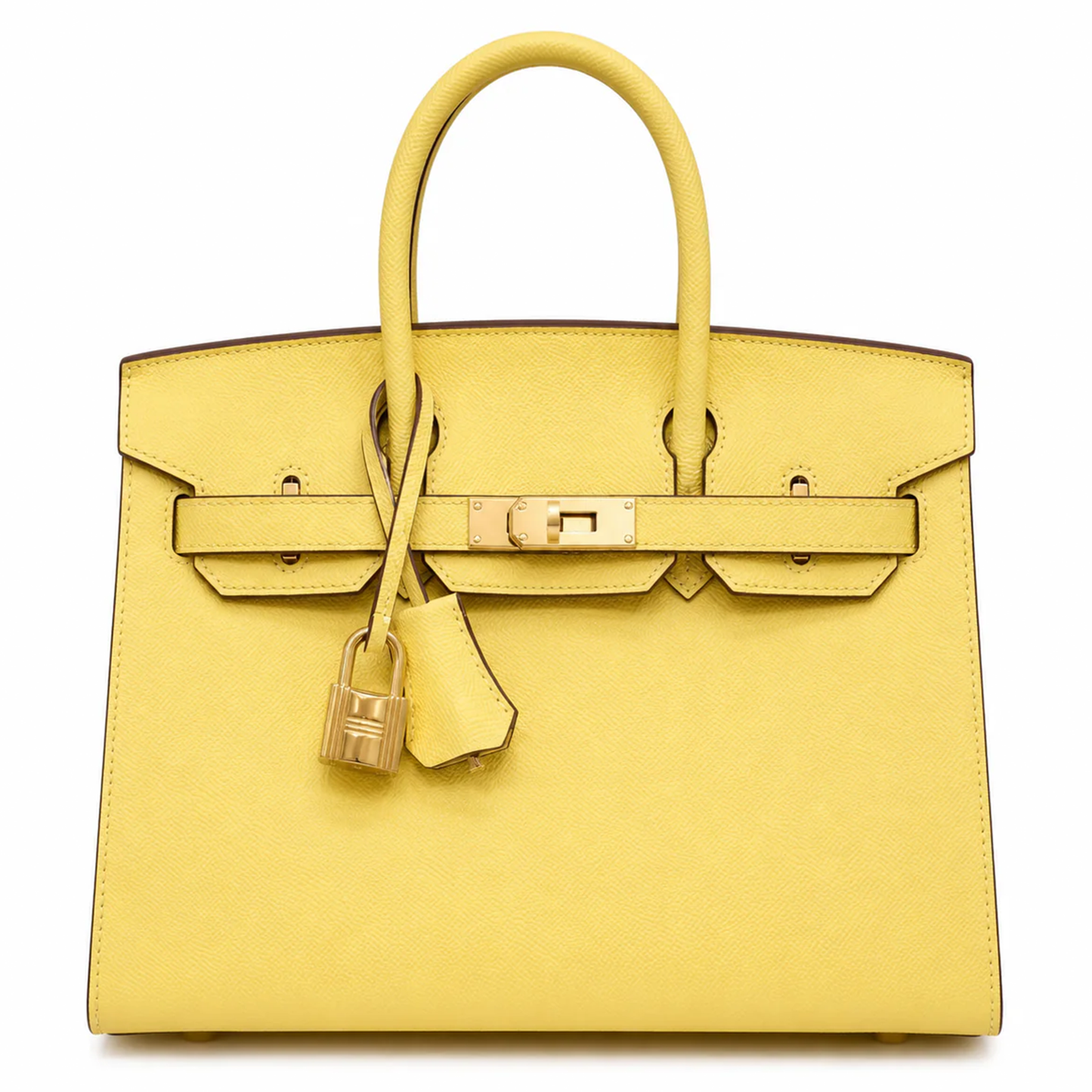 Fresh Pale Lemon Yellow Fine Grain Crisp Seam Structured Trapezoid Tote With Warm Golden Twist Lock Hardware And Matching Detachable Shoulder Strap