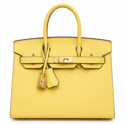 Fresh Pale Lemon Yellow Fine Grain Crisp Seam Structured Trapezoid Tote With Warm Golden Twist Lock Hardware And Matching Detachable Shoulder Strap