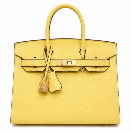 Fresh Pale Lemon Yellow Fine Grain Crisp Seam Structured Trapezoid Tote With Warm Golden Twist Lock Hardware And Matching Detachable Shoulder Strap