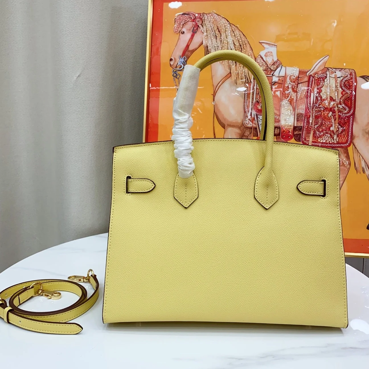 Fresh Pale Lemon Yellow Fine Grain Crisp Seam Structured Trapezoid Tote With Warm Golden Twist Lock Hardware And Matching Detachable Shoulder Strap