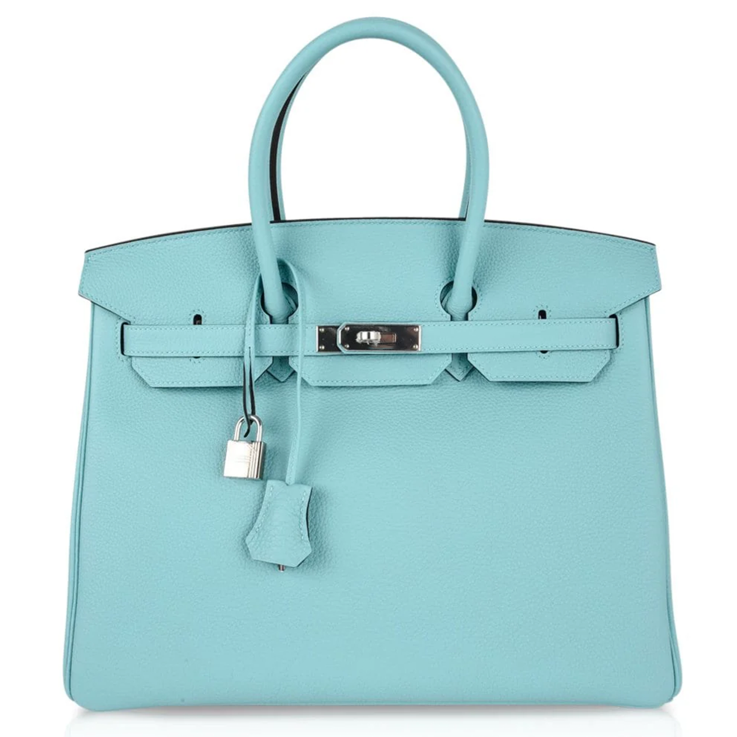 Serene Sea Foam Aquamarine Pebble Grain Large Trapezoid Hand Tote With Sleek Cool Silvery Twist Lock Hardware And Matching Suspended Textured Metal Padlock Charm