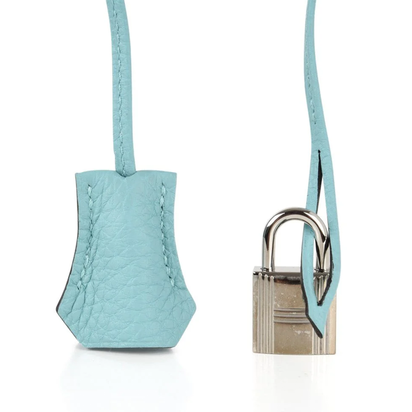 Serene Sea Foam Aquamarine Pebble Grain Large Trapezoid Hand Tote With Sleek Cool Silvery Twist Lock Hardware And Matching Suspended Textured Metal Padlock Charm